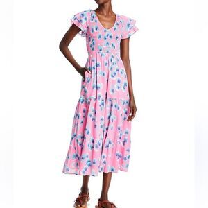$380 Banjanan Ira animal print Floral Midi Dress in Aurora XS NWT